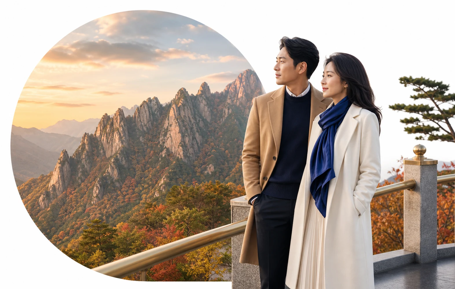 Elegant East Asian couple overlooking Seoraksan on a private tour