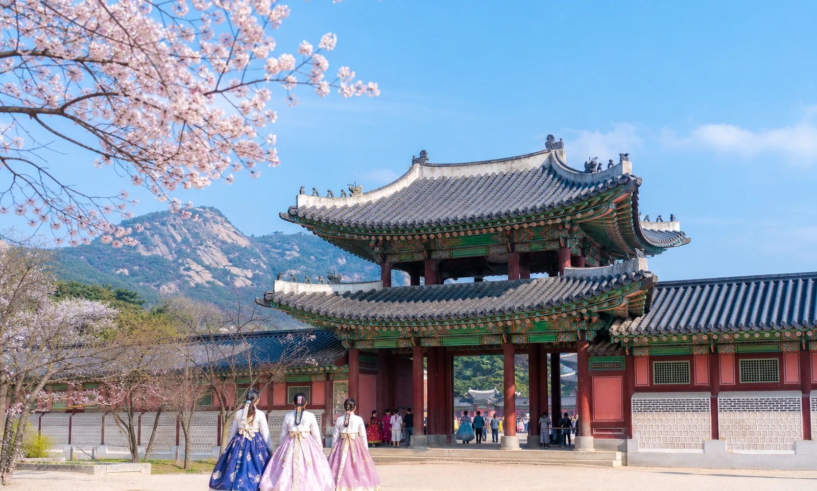 Gyeongbokgung Palace in Seoul during cherry blossom season
